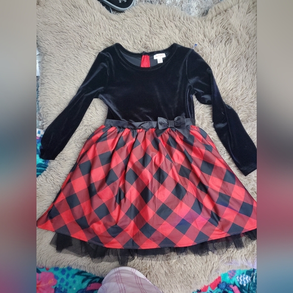 Cat & Jack Girls Dress Black Velvet Red Plaid Black Petticoat (7/8) - Picture 2 of 10